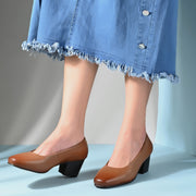 Women Premium Leather Block Heel Pump  (W-Alice-10-Tan)