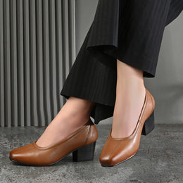 Women Premium Leather Block Heel Pump  (W-Alice-21-Tan)