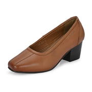Women Premium Leather Block Heel Pump  (W-Alice-21-Tan)