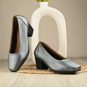 Women Premium Leather Block Heel Pump  (W-Alice-25-Metallic-Grey)