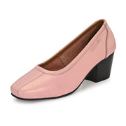 Women Premium Leather Block Heel Pump  (W-Alice-25-Metallic-Peach)