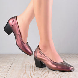 Women Premium Leather Block Heel Pump  (W-Alice-25-Metallic-Rose)