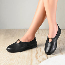 Women Premium Leather Slip On Flats (W-Angel-10-Black)