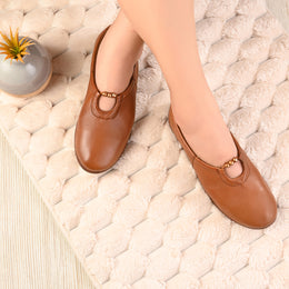 Women Premium Leather Slip On Flats (W-Angel-10-Cognac)