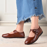 Women Tan Leather Mary Jane Ballerina Flats (W-ANGEL-80-TAN)