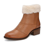 Women Textured Leather Ankle Zipper Boots with Fur Collar (W-DreamGirl-87-Tan)