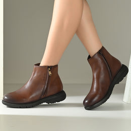 Women Premium Leather Dual Side Zipper Ankle Boots (W-HR-80-TAN)