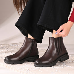 Women Premium Leather Side Zip Chelsea Boots (W-HR-85-BROWN)
