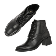 Women Premium Leather Side Zipper Block Heel Ankle Boots (W-HR-90-BLACK)