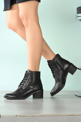 Women Premium Leather Side Zipper Block Heel Ankle Boots (W-HR-90-BLACK)