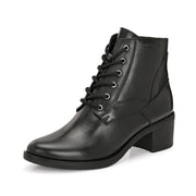 Women Premium Leather Side Zipper Block Heel Ankle Boots (W-HR-90-BLACK)