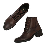 Women Premium Leather Side Zipper Block Heel Ankle Boots (W-HR-90-BROWN)