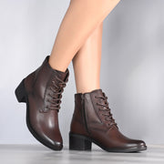 Women Premium Leather Side Zipper Block Heel Ankle Boots (W-HR-90-BROWN)