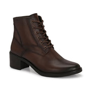 Women Premium Leather Side Zipper Block Heel Ankle Boots (W-HR-90-BROWN)