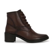 Women Premium Leather Side Zipper Block Heel Ankle Boots (W-HR-90-BROWN)