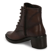 Women Premium Leather Side Zipper Block Heel Ankle Boots (W-HR-90-BROWN)