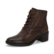 Women Premium Leather Side Zipper Block Heel Ankle Boots (W-HR-90-BROWN)