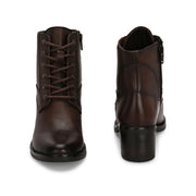 Women Premium Leather Side Zipper Block Heel Ankle Boots (W-HR-90-BROWN)