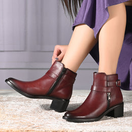 Women Premium Leather Side Zipper Ankle Boots (W-HR-95-BORDO)