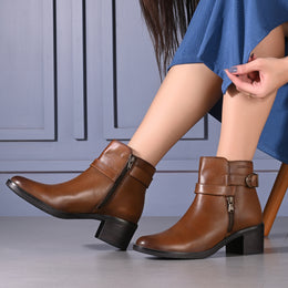 Women Premium Leather Side Zipper Ankle Boots (W-HR-95-COGNAC)