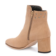 Women Premium Leather Side Zipper Block Heel Ankle Boots (W-HR-GRACIOUS-10-BEIGE)