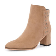 Women Premium Leather Side Zipper Block Heel Ankle Boots (W-HR-GRACIOUS-10-BEIGE)