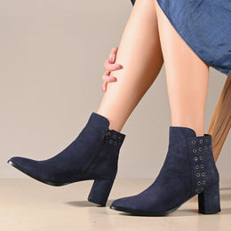 Women Premium Leather Side Zipper Block Heel Ankle Boots (W-HR-GRACIOUS-10-NAVY)