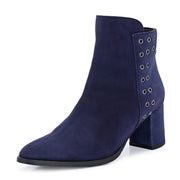 Women Premium Leather Side Zipper Block Heel Ankle Boots (W-HR-GRACIOUS-10-NAVY)