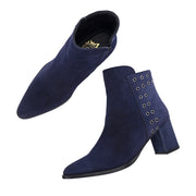 Women Premium Leather Side Zipper Block Heel Ankle Boots (W-HR-GRACIOUS-10-NAVY)