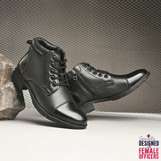 Women Premium Leather Lace-Up Ankle Police Boots with Side Zipper (W-IPS-90-BLACK)