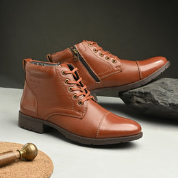 Women Premium Leather Lace-Up Ankle Police Boots with Side Zipper (W-IPS-90-TAN)