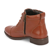 Women Premium Leather Lace-Up Ankle Police Boots with Side Zipper (W-IPS-90-TAN)