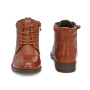 Women Premium Leather Lace-Up Ankle Police Boots with Side Zipper (W-IPS-90-TAN)
