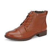 Women Premium Leather Lace-Up Ankle Police Boots with Side Zipper (W-IPS-90-TAN)