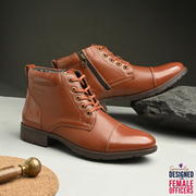 Women Premium Leather Lace-Up Ankle Police Boots with Side Zipper (W-IPS-90-POLICETAN)