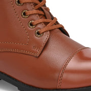Women Premium Leather Lace-Up Ankle Police Boots with Side Zipper (W-IPS-90-TAN)