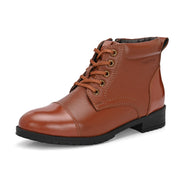 Women Premium Leather Lace-Up Ankle Police Boots with Side Zipper (W-IPS-90-TAN)