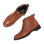 Women Premium Leather Lace-Up Ankle Police Boots with Side Zipper (W-IPS-90-TAN)