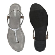 Women Grey T-Strap Low-Heeled Sandals (W-KE-03-SILVER)