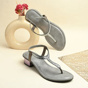 Women Grey T-Strap Low-Heeled Sandals (W-KE-03-SILVER)