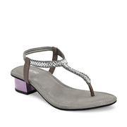 Women Grey T-Strap Low-Heeled Sandals (W-KE-03-SILVER)