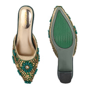 Women Ethnic Embellished Block Heel Mules (W-KI-07-GREEN)