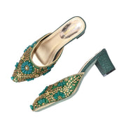 Women Ethnic Embellished Block Heel Mules (W-KI-07-GREEN)