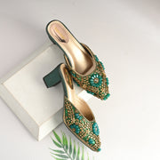 Women Ethnic Embellished Block Heel Mules (W-KI-07-GREEN)