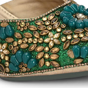Women Ethnic Embellished Block Heel Mules (W-KI-07-GREEN)