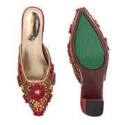 Women Ethnic Embellished Block Heel Mules (W-KI-07-MEHROON)