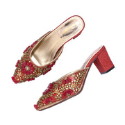 Women Ethnic Embellished Block Heel Mules (W-KI-07-MEHROON)