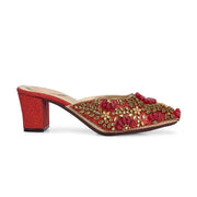 Women Ethnic Embellished Block Heel Mules (W-KI-07-MEHROON)