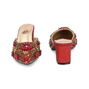 Women Ethnic Embellished Block Heel Mules (W-KI-07-MEHROON)