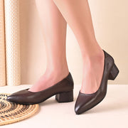 Women Premium Leather Block Heel Pumps (W-MARY-05-BROWN)